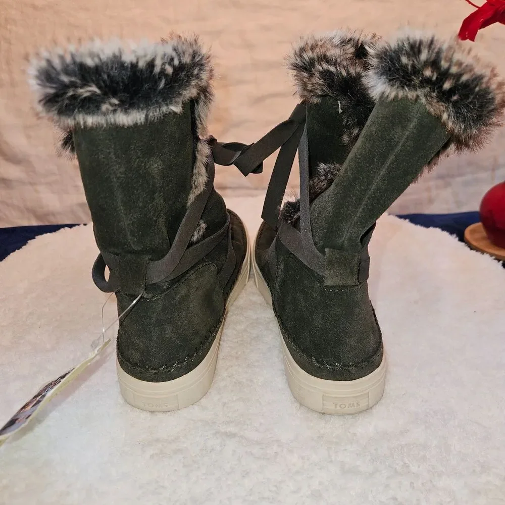 TOM'S Vista Forest Green Suede Winter Boots Fur Lining Size 6 NEW